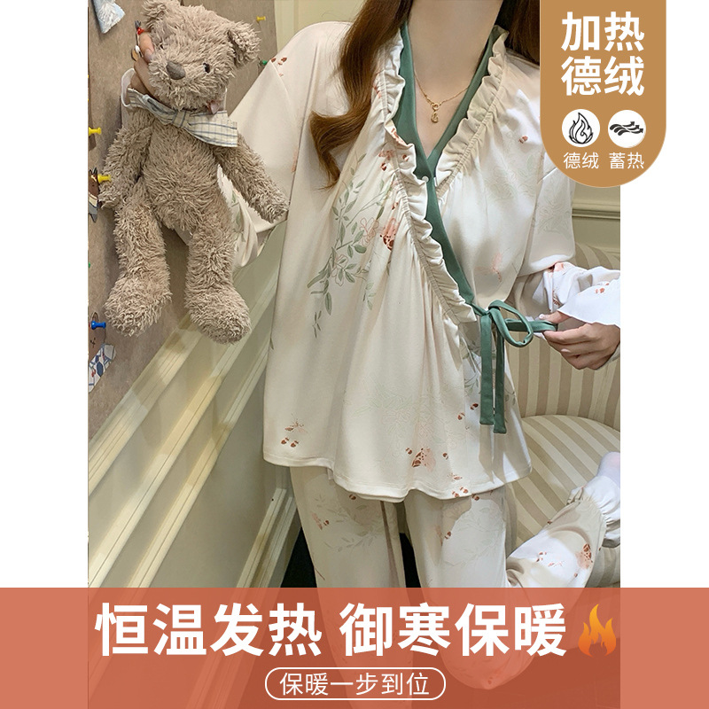 新款秋冬天绑带和服德绒睡衣女款