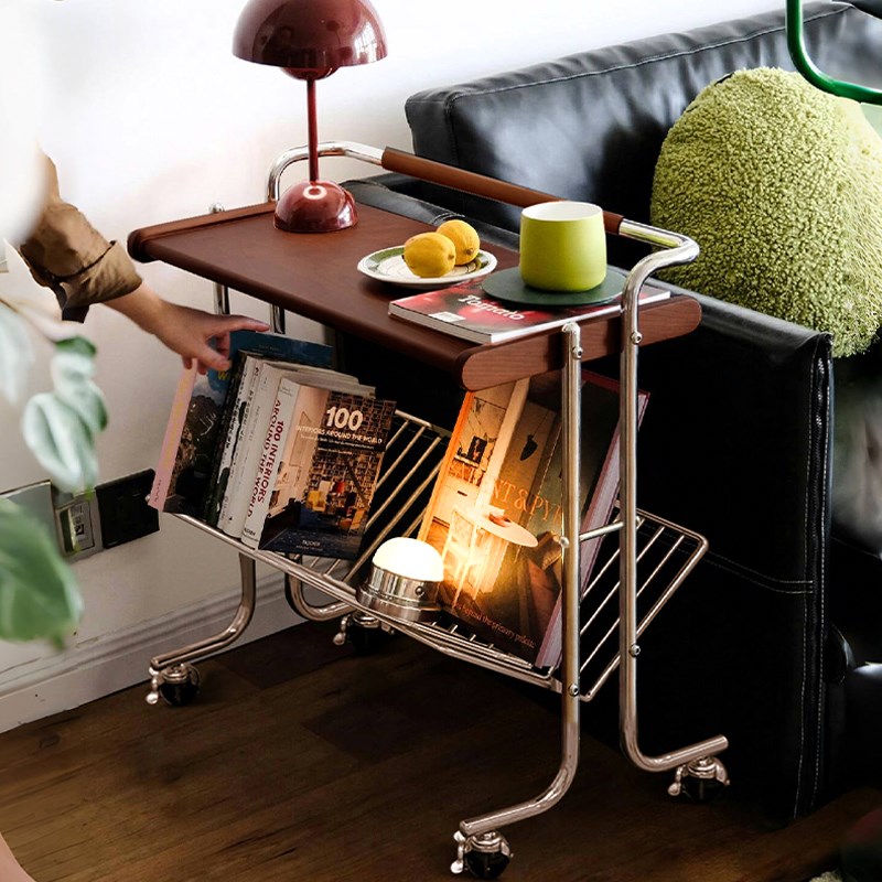 复中古实木置物书架小推车可移动沙发茶边几桌家具法式收纳床头柜