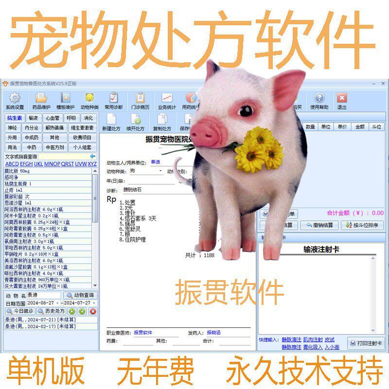 振贯宠物兽医处方软件动物医院门诊电子病历管理开单系统加密锁版