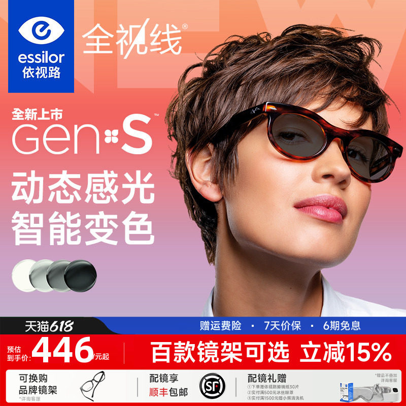 2026新品依视路全视线膜洁GENS变色镜片膜岩膜致配近视散光眼