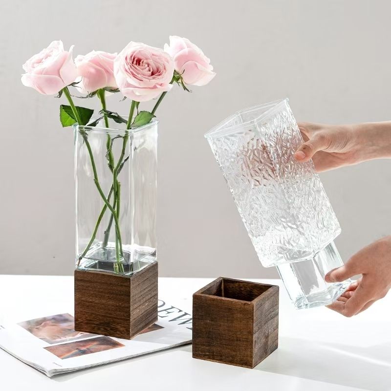 轻奢方形加厚高级感玻璃花瓶透明水养插花创意简约客厅装饰品摆件