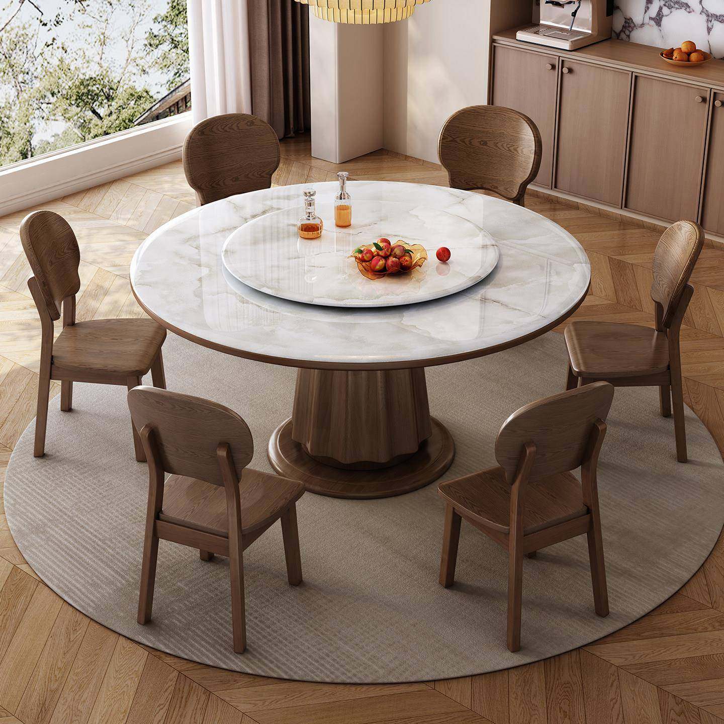高端微晶石餐桌椅组合现代简约大理石实木圆桌带转盘家用圆形桌子,住宅家具,实木餐桌,淘宝优惠券,粉丝福利购,淘宝优惠卷