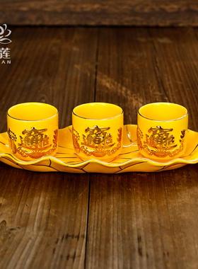三连杯五连招财进宝供杯文武财神关公供杯黄陶瓷描金供茶杯酒杯