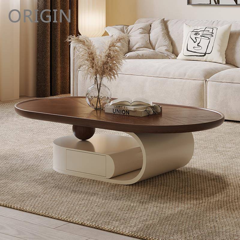 奶油风茶几客厅实木创意中古风现代简约极简北欧胡桃色设计师椭圆