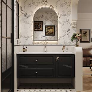 法式复古风岩板热弯一体盆浴室柜组合卫生间可丽耐洗脸盆柜定制