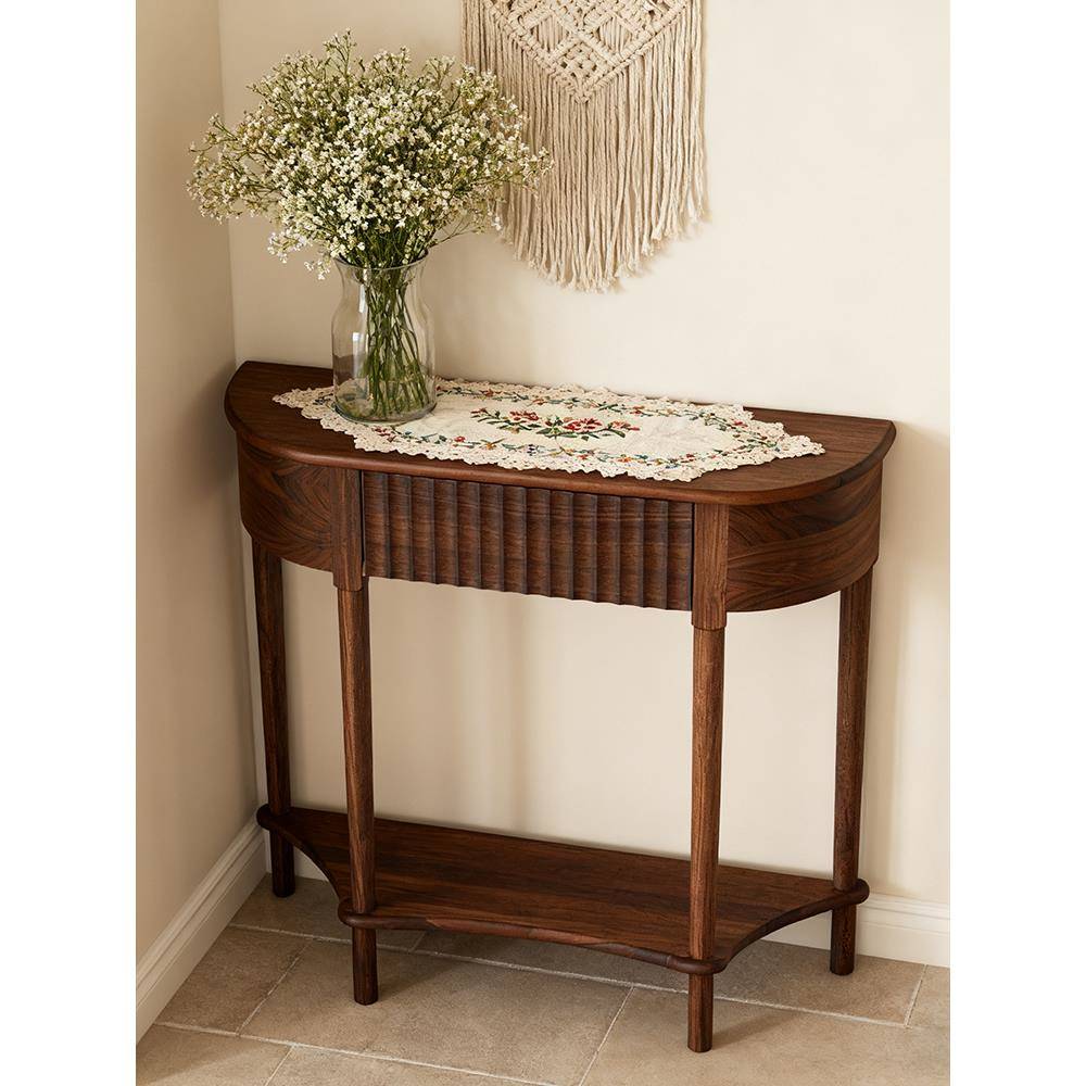 黑胡桃木玄关台法式覆古全实木半圆过道桌靠墙美式中古隔断置物架