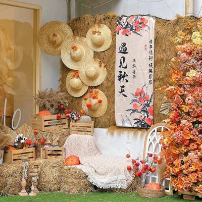 编织草帽墙面美陈挂饰秋季氛围感装饰甜品店橱窗场景布置草垛芦苇