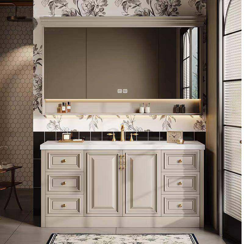 橡木法式复古浴室柜组合卫生间洗漱台岩板热弯一体盆落地式洗手盆