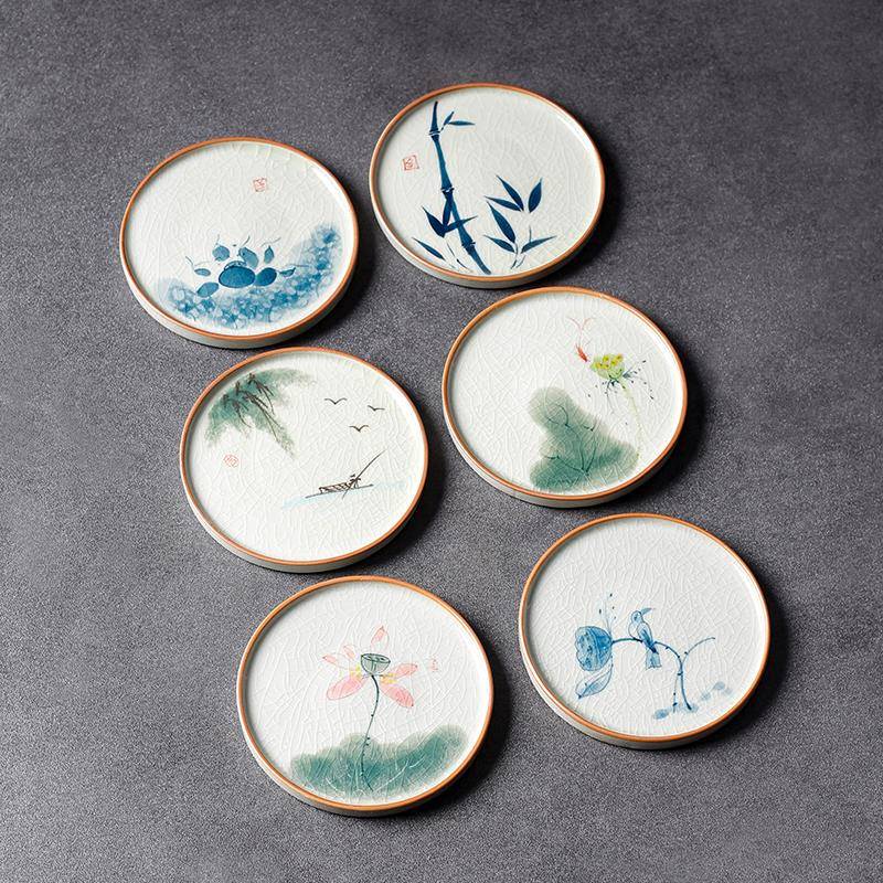 手绘荷花哥窑复古杯垫中式茶壶垫家用防烫陶瓷隔热垫单个茶托配件