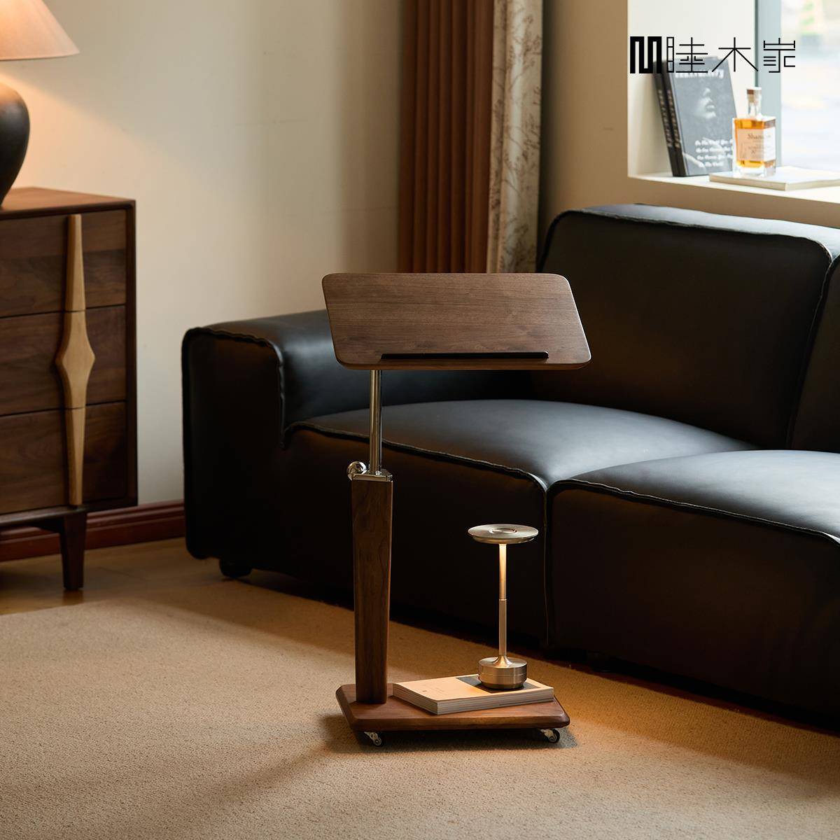 睦木家沙发边几黑胡桃木可移动茶几可升降小桌子旋转床头边几实木