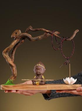 天然实木根雕摆件创意家居客厅装饰工艺品风化木树根禅意悟空底座