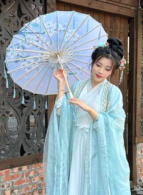 新中式流苏油纸伞旗袍古装古风汉服道具演出走秀舞蹈伞蓝色清新伞
