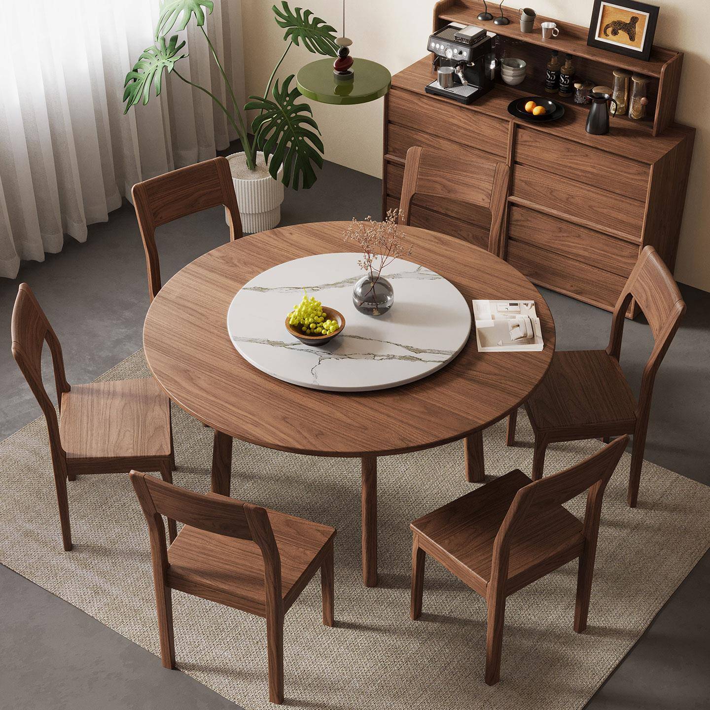 黑胡桃木餐桌家用中古风实木餐桌户型桌子饭桌椅带岩板转盘圆桌