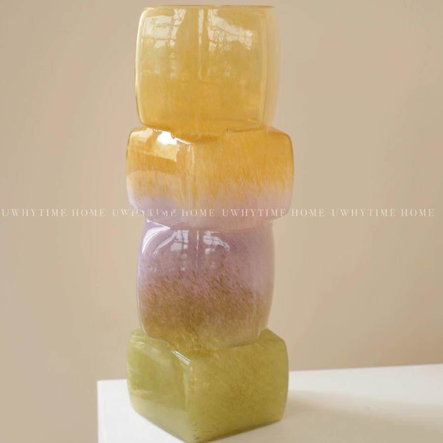 无为时间馆绝美中古琉璃花瓶彩色方糖小众高级感插花软装玄关摆件