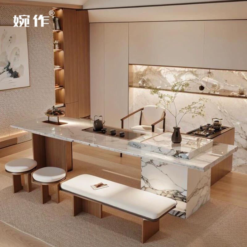 婉作新中式实木茶桌椅组合岩板2024设计师茶桌轻奢简约现代茶台