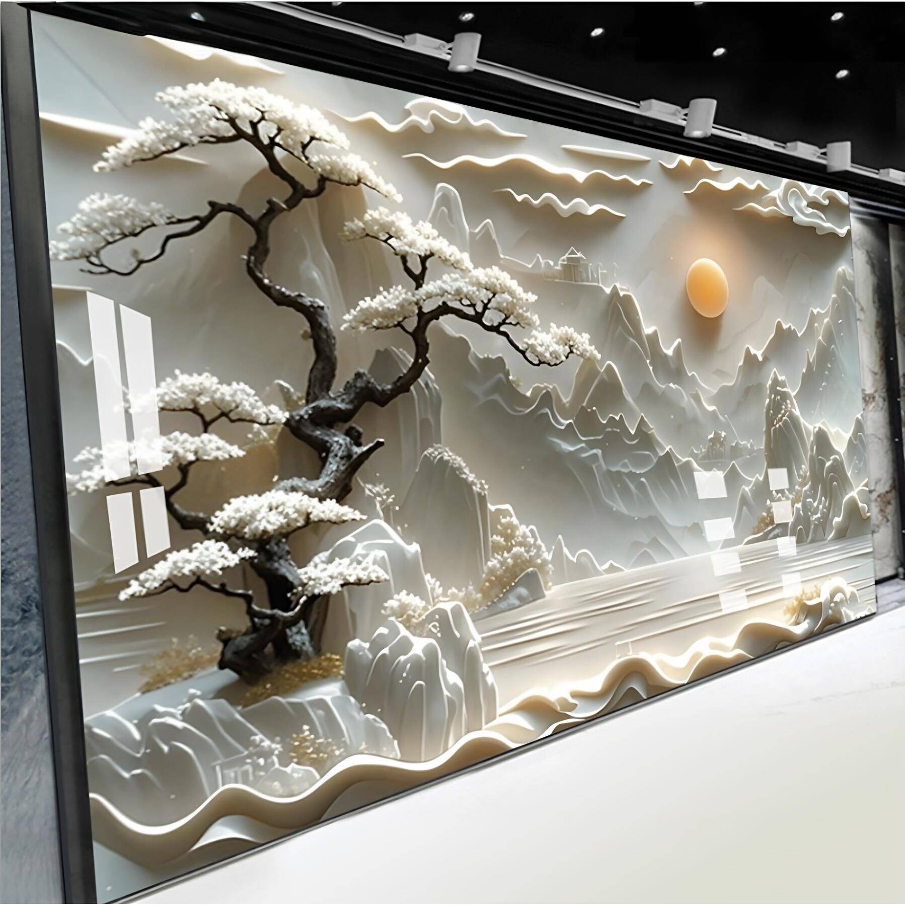 3d立体浮雕山水画碳晶板电视背景墙护墙板办公室茶室展厅集成墙板