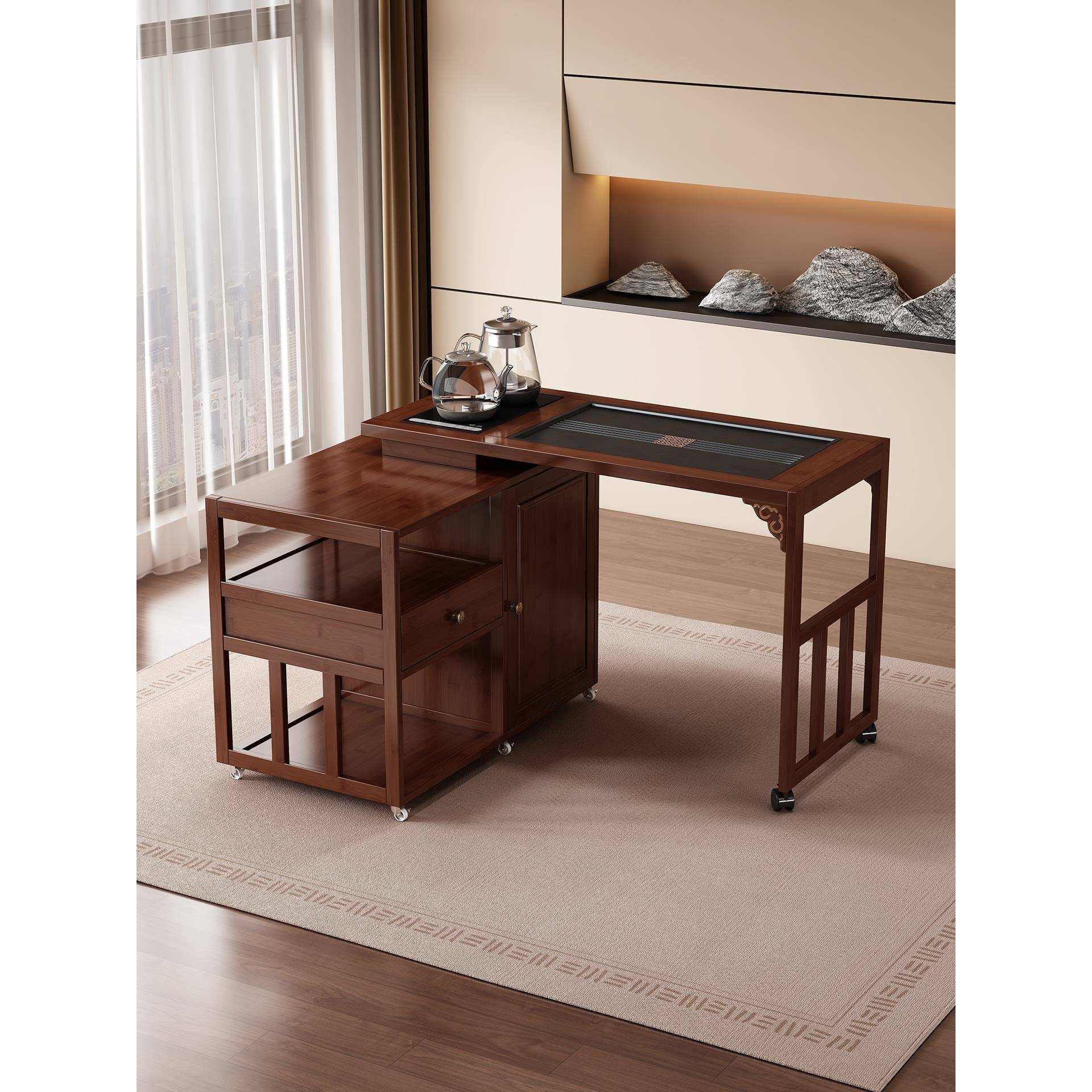 阳台旋转茶桌家用沙发边茶几可移动小型茶台竹木喝茶桌椅组合套装