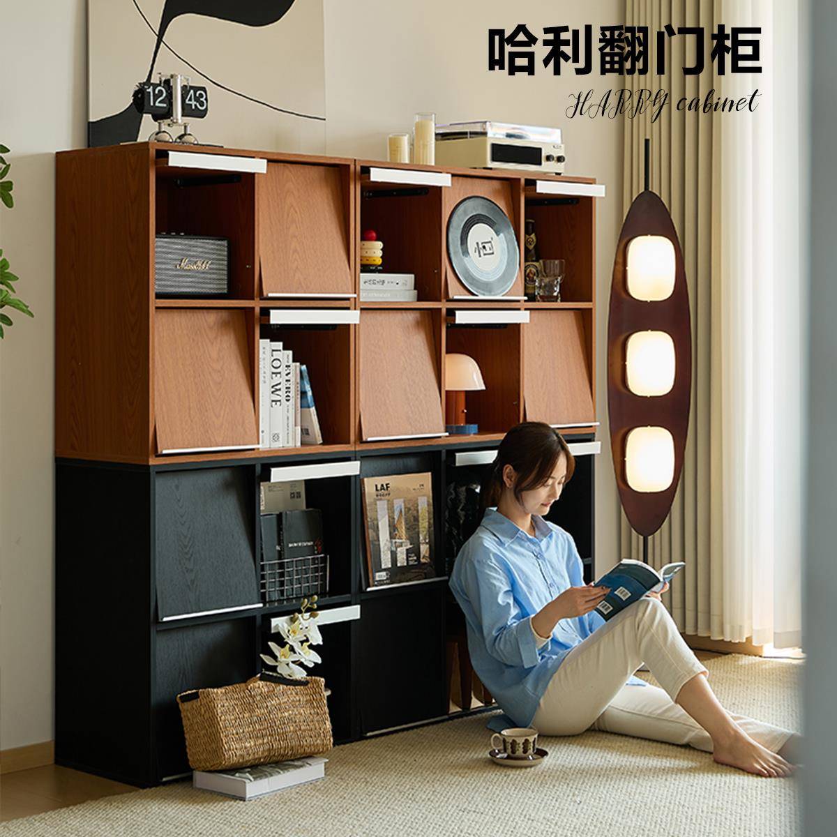 小四实木书柜自由组合矮柜中古黄杨木格子柜客厅收纳边柜落地斗柜