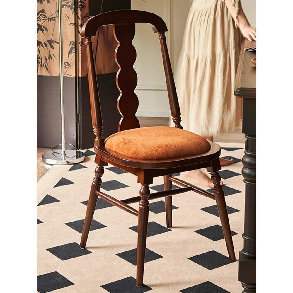 美式轻奢实木餐椅简约软包靠背单人椅家用中古椅法式覆古餐桌椅子