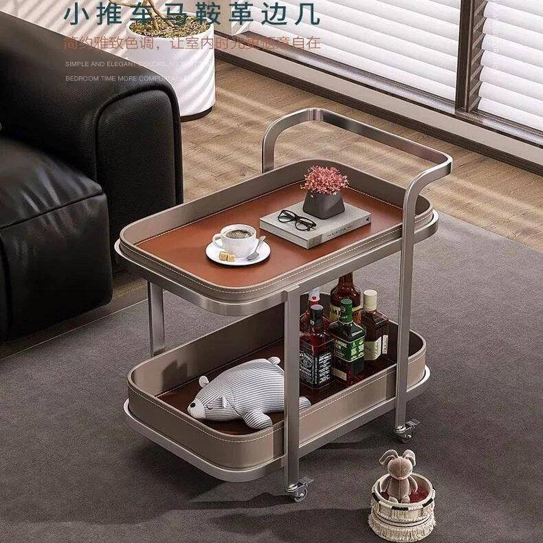 意式简约移动小推车轻奢马鞍皮沙发边几茶几客厅用带轮角几置物架