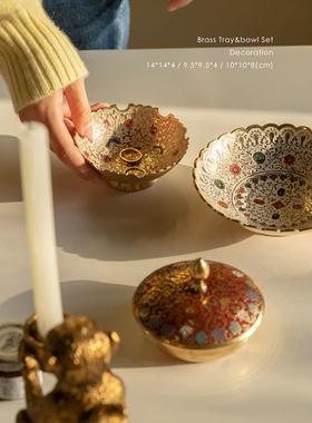 若奈家居真手绘！少量！印度舶来《金花盏》真黄铜置物盘首饰托盘