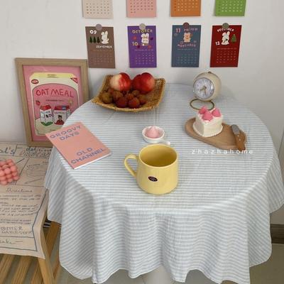 扎扎home 韩系蓝色条纹桌布书桌床头柜盖布ins野餐布背景布防尘布