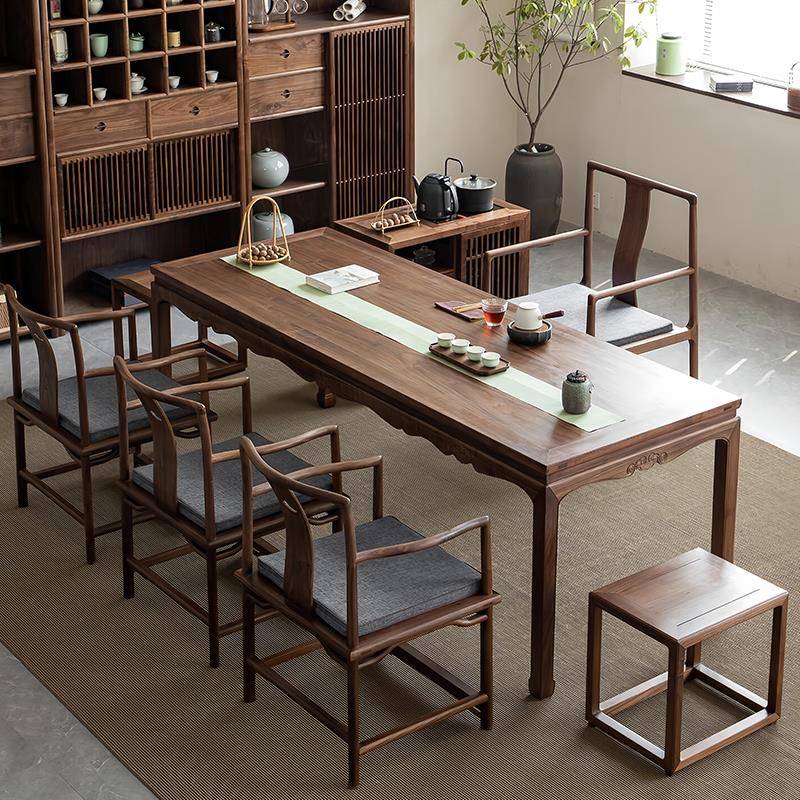 新中式实木茶桌椅组合套装禅意明式黑胡桃木办公茶台别墅茶室家俱