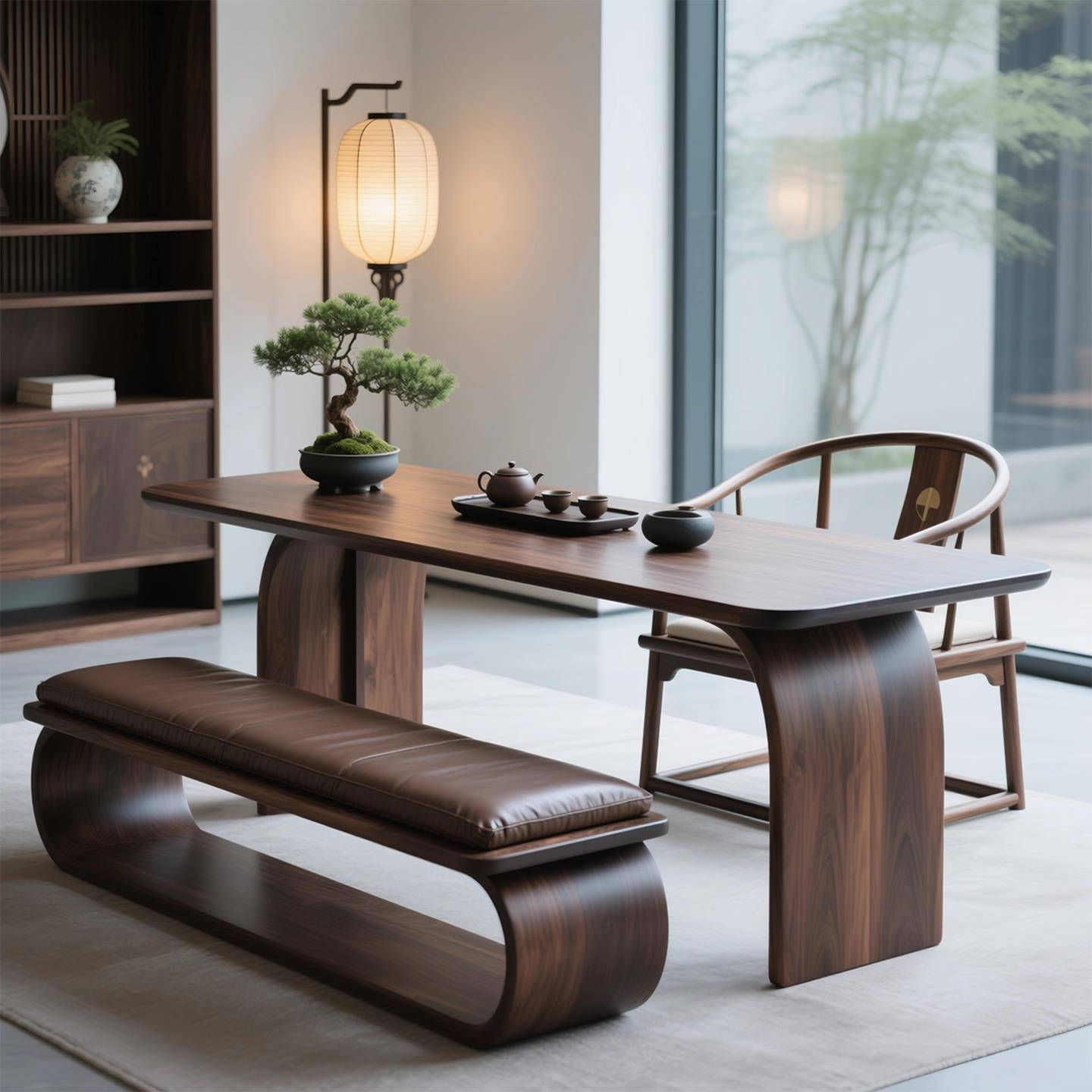 新中式北美黑胡桃木茶桌椅组合简约办公室民宿家用实木茶台茶几