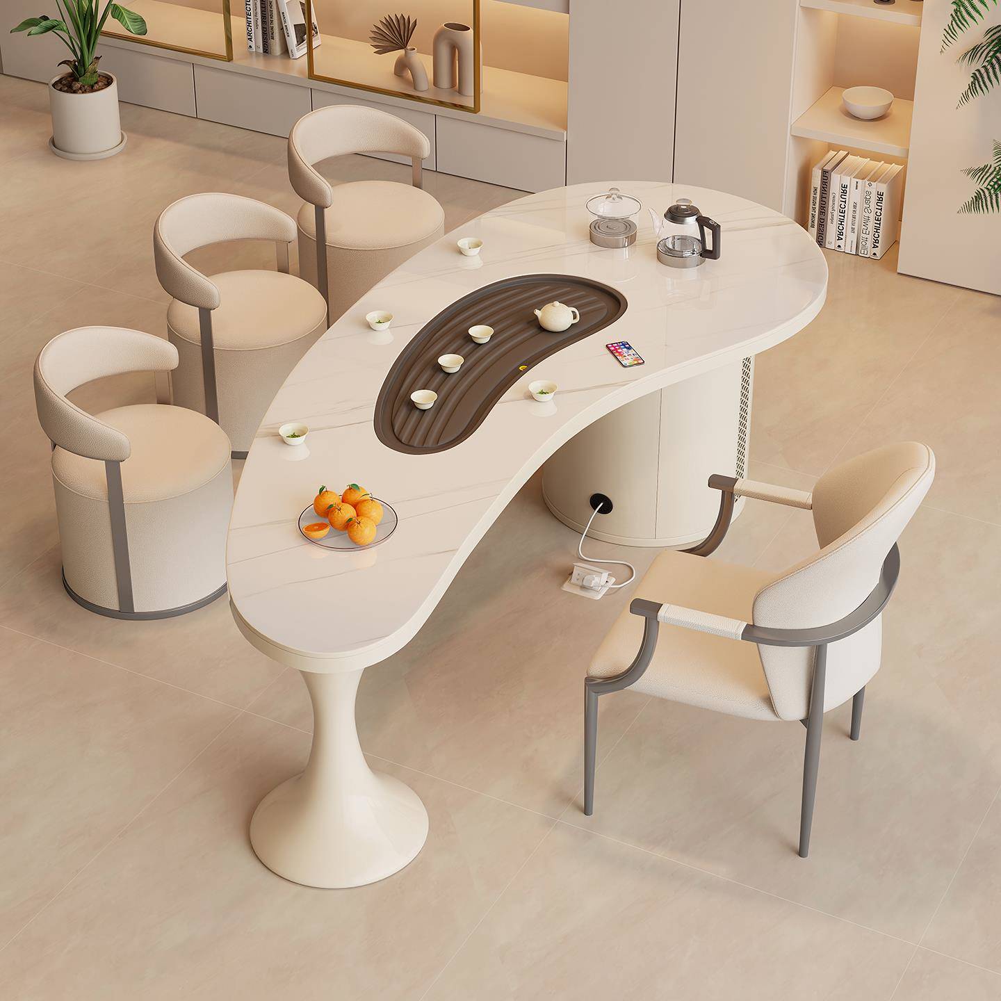 2025新款高端奶油风岩板茶桌烧水壶一体嵌入式茶具一整套阳台茶台