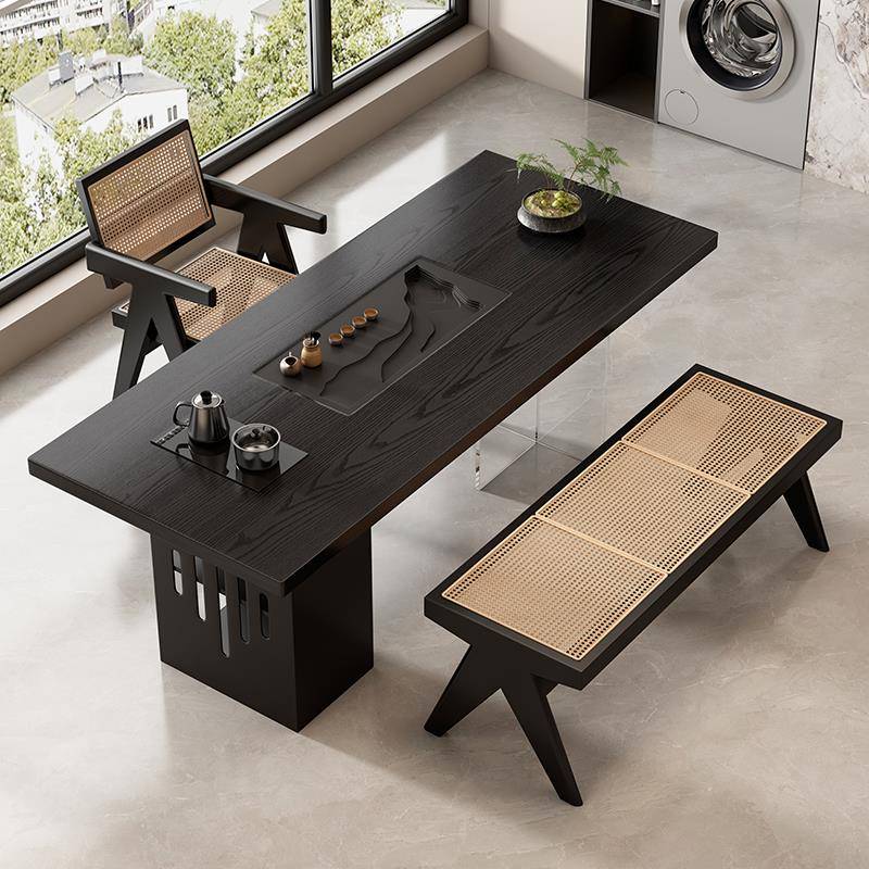 侘寂风实木茶桌阳台书桌办公室泡茶桌茶台茶盘一体高级感现代简约