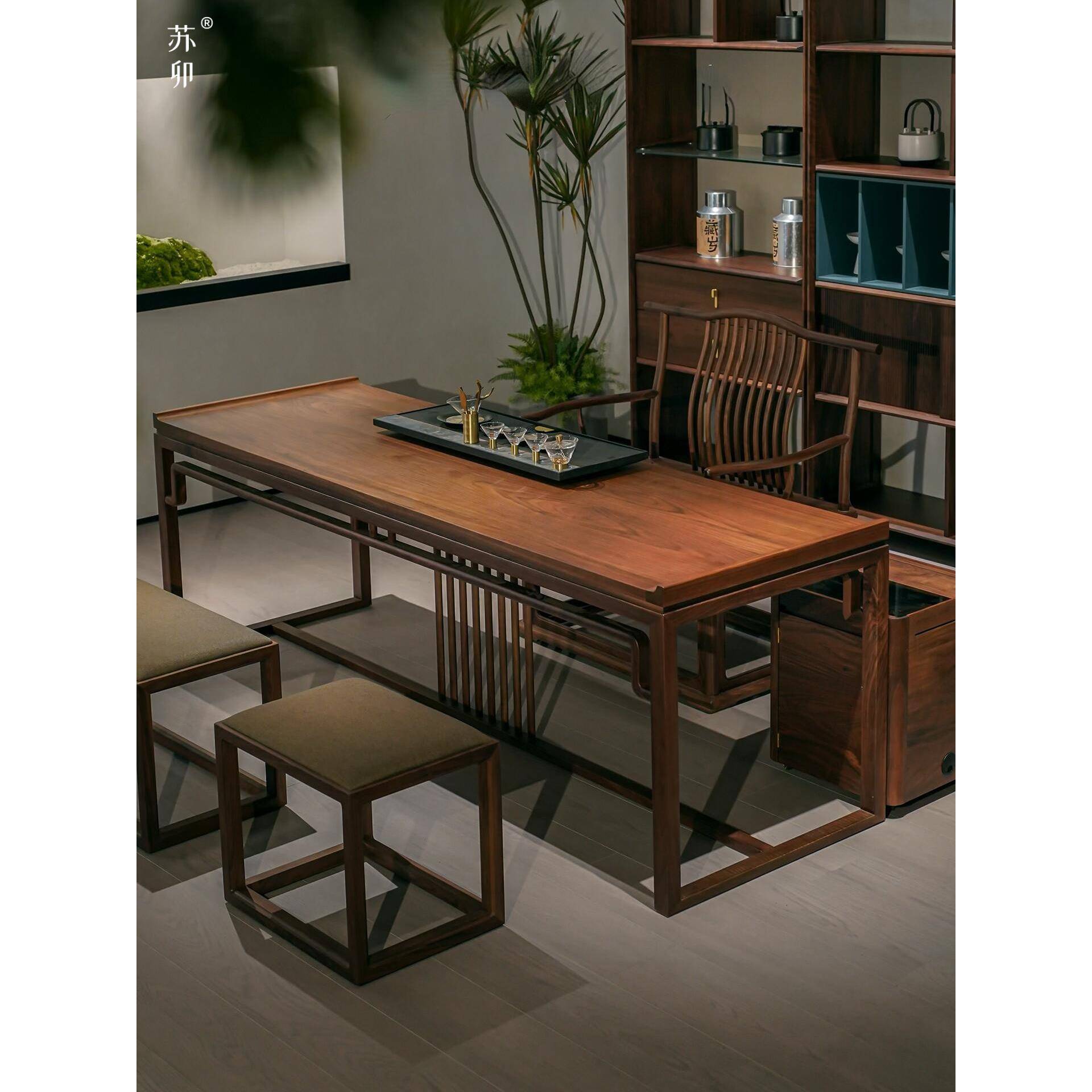 苏卯新中式茶桌椅组合茶室家用黑胡桃木功夫实木泡茶台书法书画桌