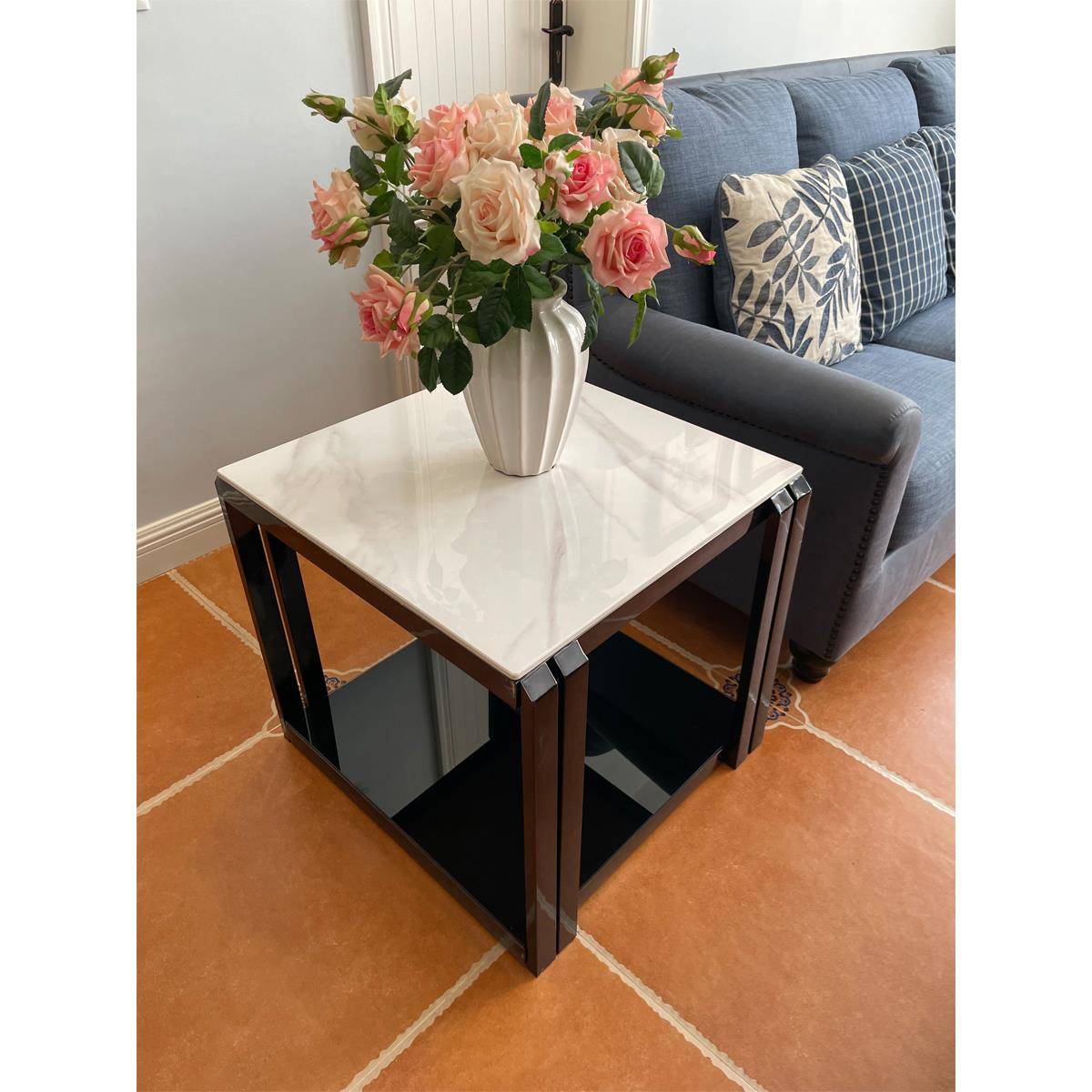 简约轻奢不锈钢镀黑钛亮光岩板角几沙发边几客厅小茶几现代方边柜