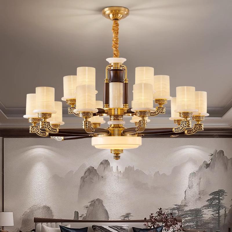 新中式全铜天然玉石吊灯家装别墅客厅主灯豪华餐厅黄铜云石灯具