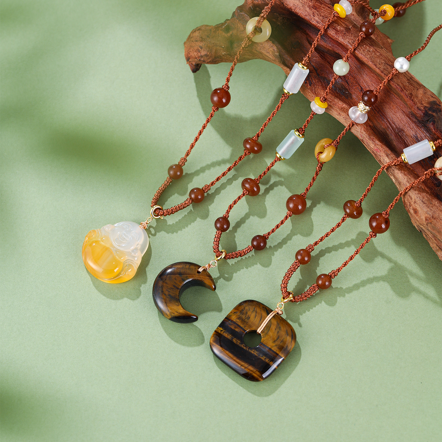 珞石天然虎眼石佛公八方来财项链