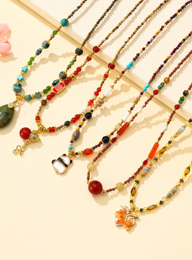 珞石多层水钻熊猫吊坠串珠项链女