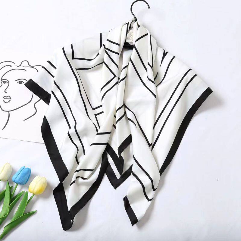 热卖时尚简约大牌高级感机器印花仿真丝质感斜纹绸90*90女士丝巾