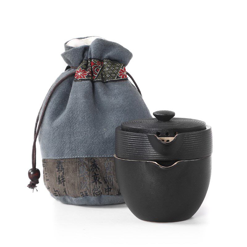 陶生活 黑禅风黑陶云螺快客杯 功夫茶具茶壶一壶两杯旅行茶具套装