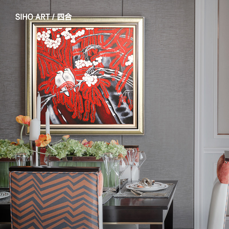 四合艺术武林外滩纯手绘油画红色花鸟玄关装饰画高端定制手工挂画