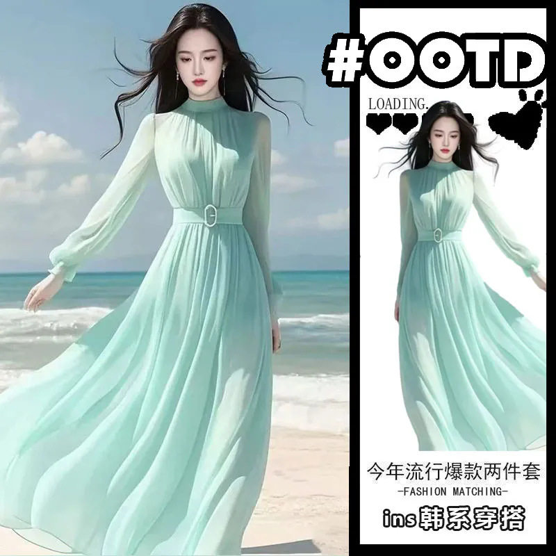 超美气质女神范温柔风绝美长裙感海边度假蓝色雪纺连衣裙子春