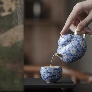 999鎏银珐琅彩青花陶瓷主w人杯功夫茶杯家用复古单个品茗杯鎏银杯