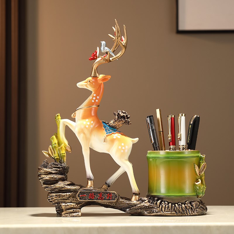 节节高升笔筒桌面收纳鹿摆件书房办公室茶几创意装饰品送老师长辈