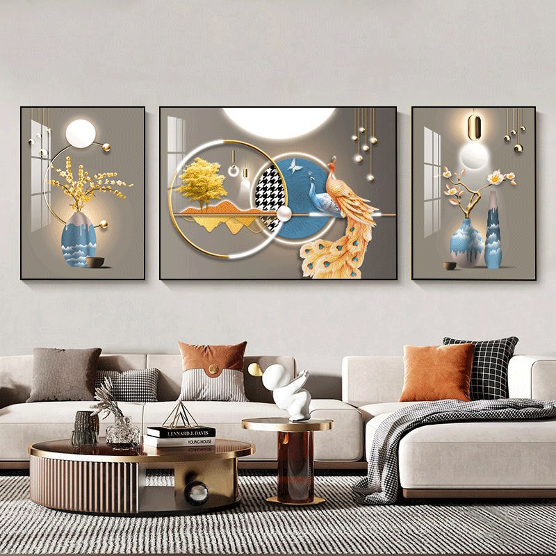 轻奢客厅装饰画吉祥孔雀现代沙发背景墙挂画新款三联画晶瓷画简约图片