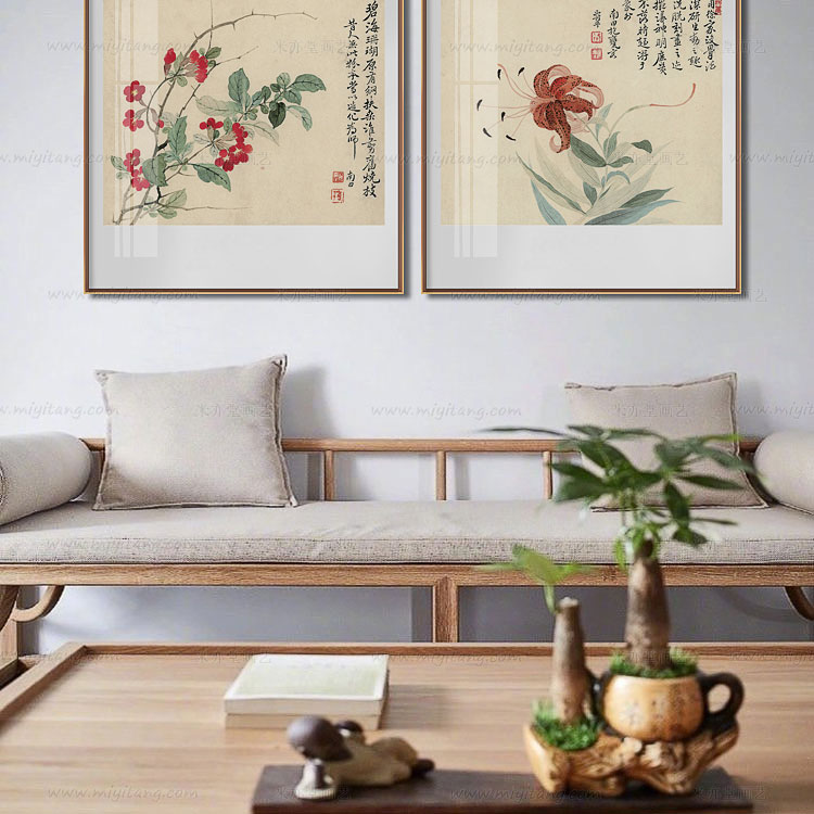 米亦堂x恽寿平 新中式日式花卉装饰画餐厅玄关客厅新古典轻奢挂画图片