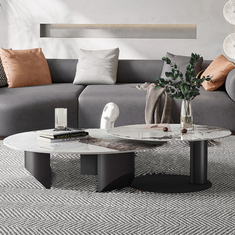 2022意式轻奢亮光岩板不锈钢家用大理石小户型网红设计师圆形茶几