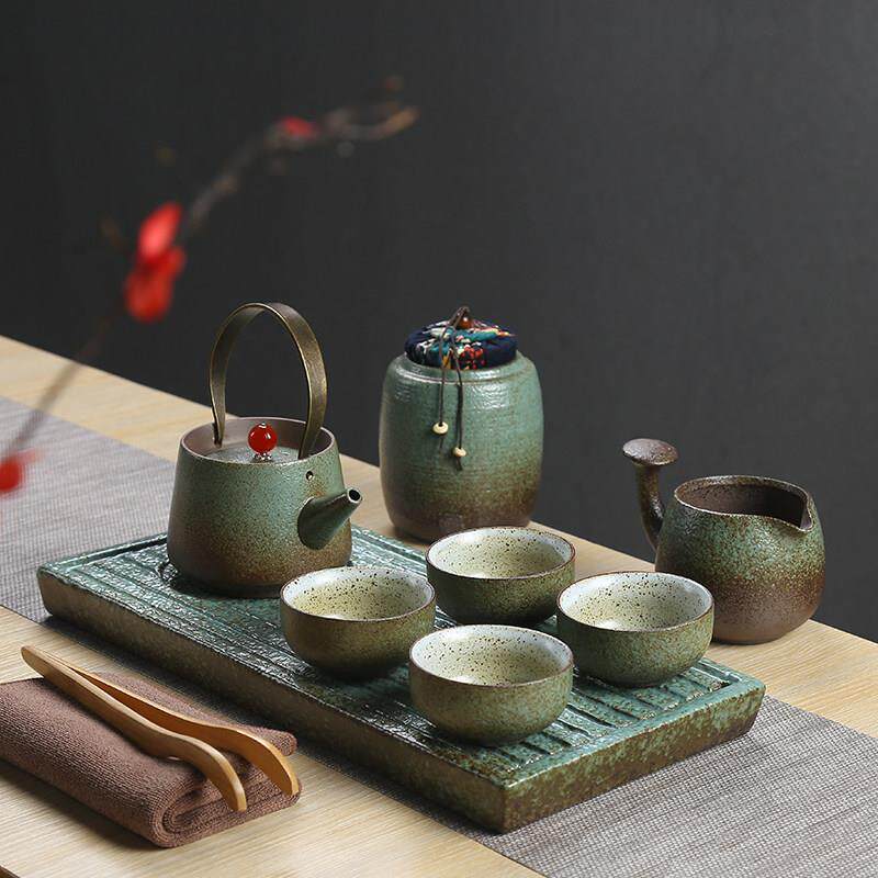 日式干泡盘陶瓷功夫茶具套装家用简约办公粗陶提梁壶茶杯茶台整套