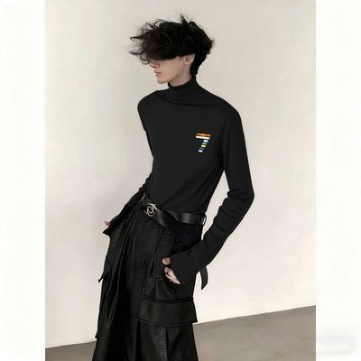 男款半高领打底衫长袖秋冬季黑色修身显瘦洋气设计感小众德绒上衣