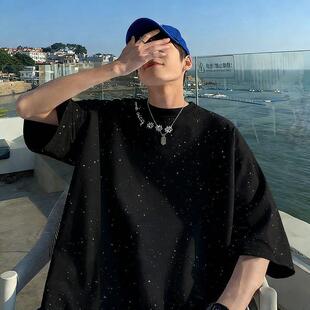 2026夏日新款帅气百搭黑色短袖T恤满天星印花男女同款情侣上衣服