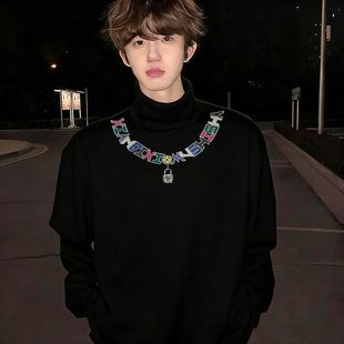 帅气中长款男士印花半高领德绒打底长袖T恤黑色秋冬季新款ins上衣