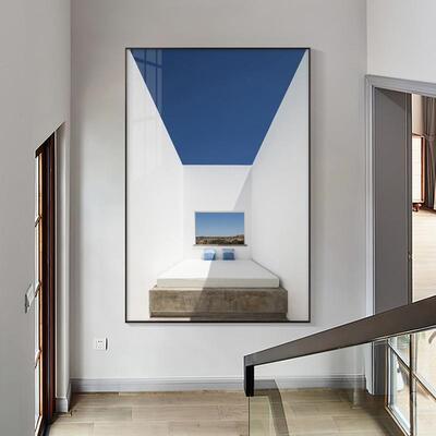 现代客厅蓝色建筑装饰画过道走廊玄关竖版挂画纵深空间办公室壁画