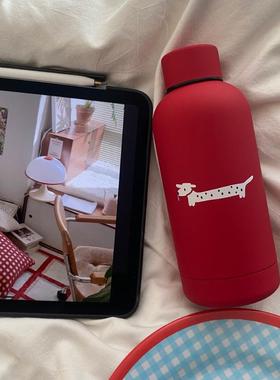 新年圣诞高级感正红色磨砂小狗不锈钢保温杯 可爱斑点修狗随行杯